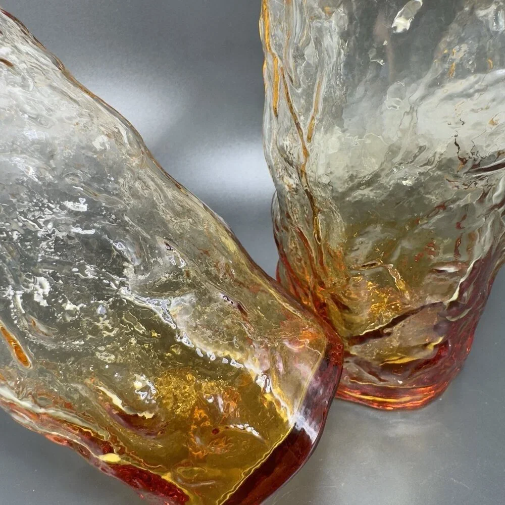 1970s Seneca Driftwood Amber Crinkle Glass Highball Tumblers Cups Set 4‎ Vintage